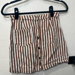 Striped Button-Front Mini Skirt in Brown and Cream